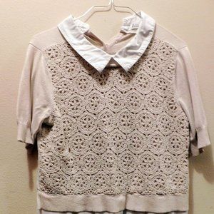 Beige and White Cropped-Layered Collared Sweater